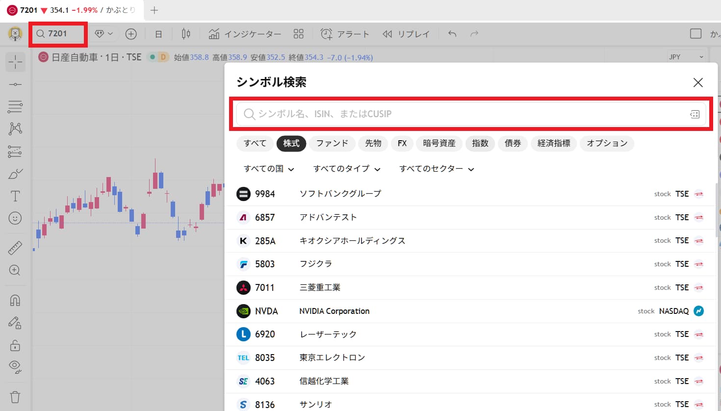 見たい銘柄を検索し表示する