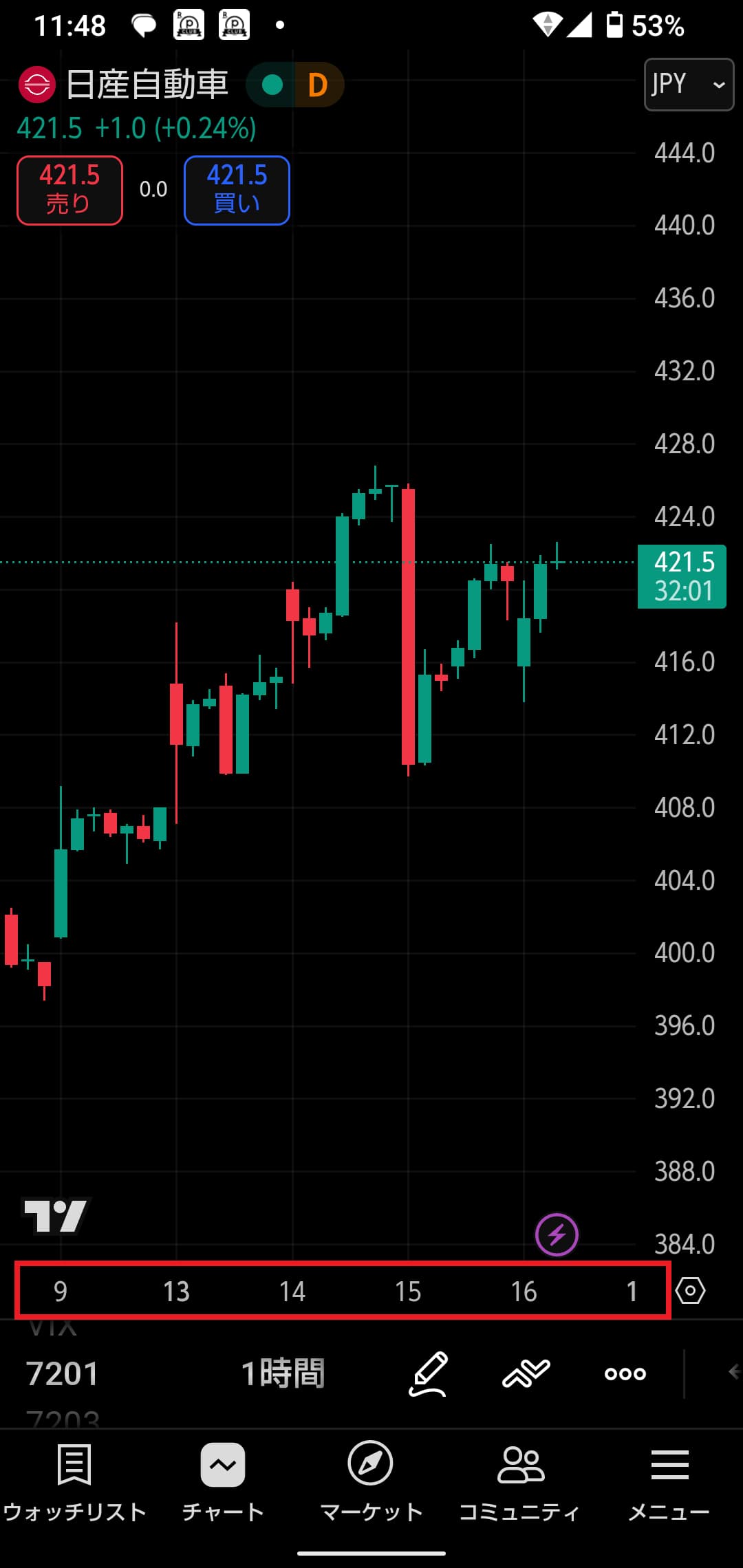 時間軸（横軸）を1秒ほど長押しする