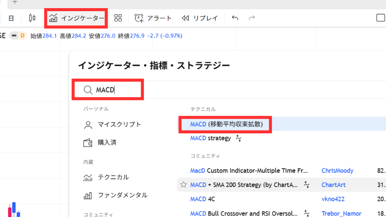 インジケーターからMACDを追加する